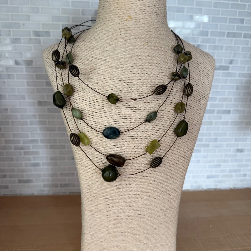 Green Multi Strand Illusion Necklace Earthy Beaded Layered Boho Adjustable EUC